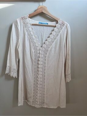 Solitaire Swim White Crochet Lace V-Neck Tunic Beach Cover Up Medium